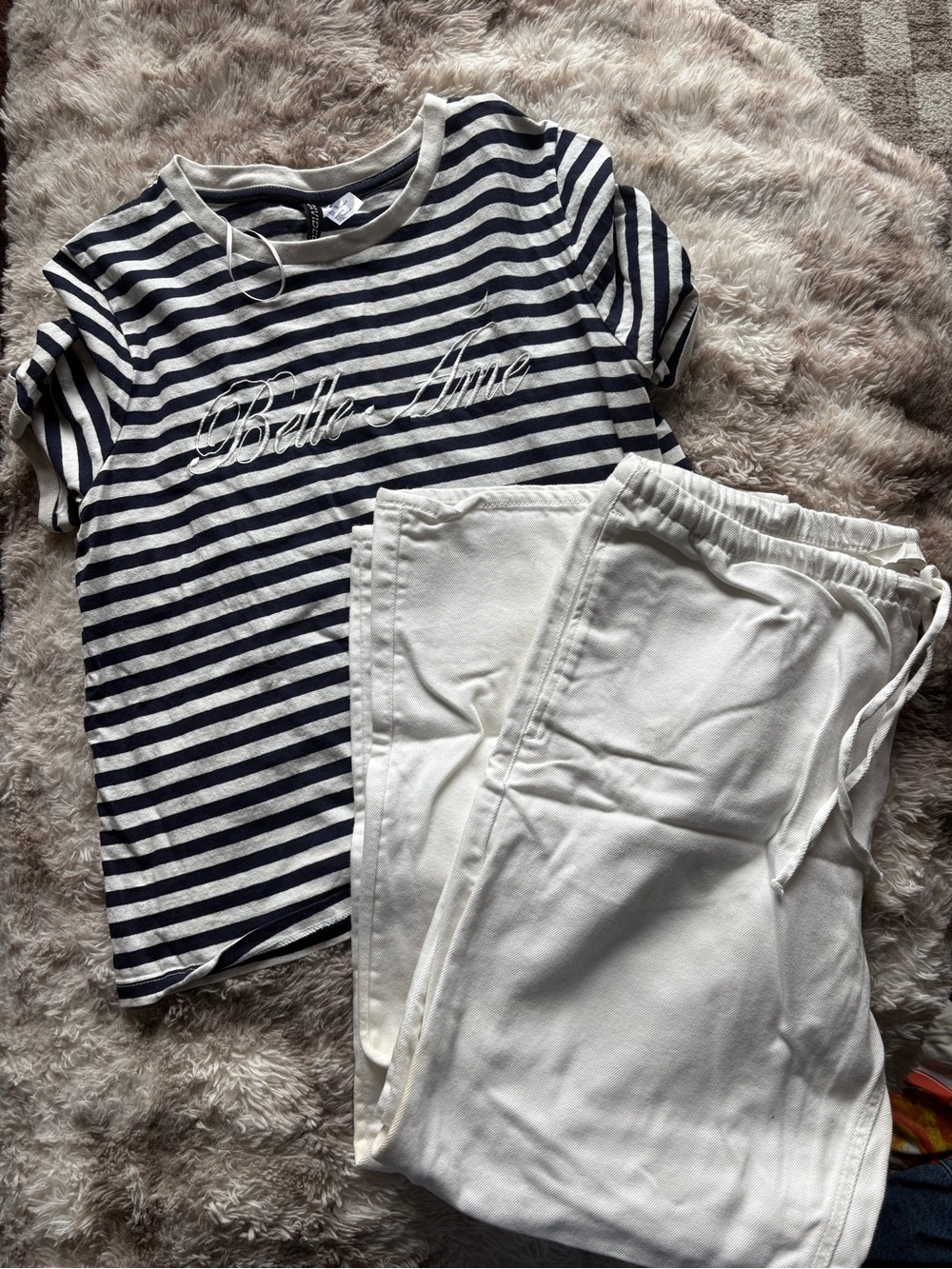 Striped Navy & White Tee with white sail pants